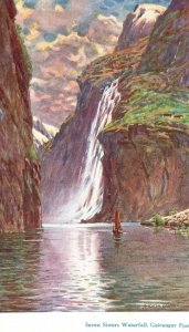 Norway, Seven Sisters Waterfall Geiranger Fjord Painting Vintage Postcard