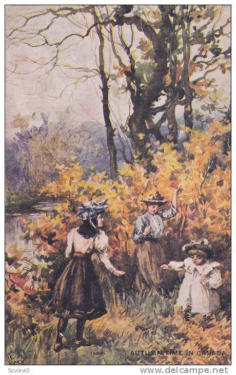 Ladies and little girl wearing bonnets playing in the field, Autumn Time in C...