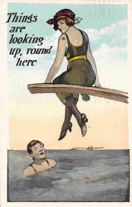 Things Are Looking Up Bathing Beauty on Diving Board 1930 postcard
