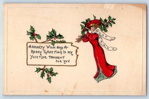 1915 Christmas Greeting Woman With Holly Berries Embossed Nash Antique Postcard