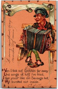 Tucks 114 Valentine Man with Accordian Leatherette Vintage Postcard V18