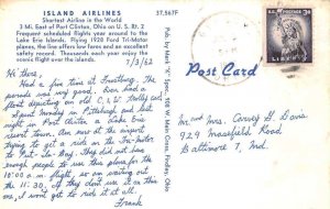 Port Clinton Ohio Island Airlines Shortest Airline Vintage Postcard AA61331