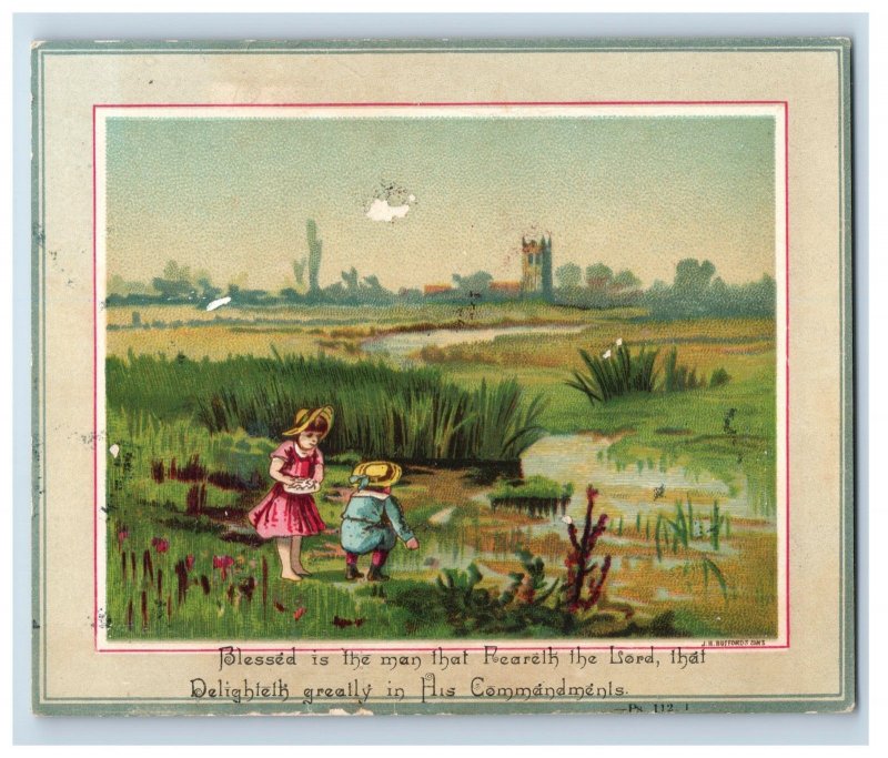 1880s Victorian Religious Trade Card Meadow Pond Cute Children #7C