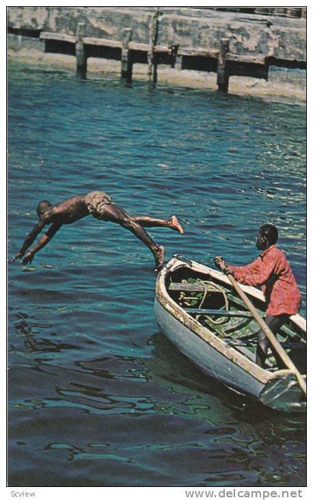 Diver Is Going Inside The Blue Waters To Recover A Coin, Nassau, Bahamas, 194...