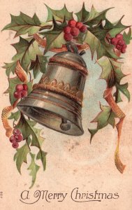 A Merry Christmas Bell Leaves Greetings And Wishes Vintage Postcard