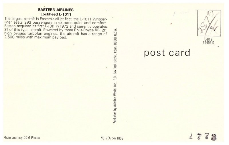 Eastern Airlines Lockheed L 1011 Aircraft Postcard-