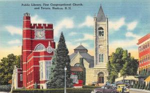 NASHUA, New Hampshire   LIBRARY, CHURCH & TAVERN  c1940's Tichnor Linen Postcard