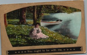 Vintage Postcard Pretty Girl Alone In The Lake Flowers Boat You Ought To Be With