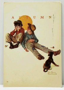Norman Rockwell Autumn Me And My Pal Disastrous Darling Boys & Dog Postcard J9