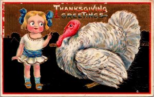 Gel Thanksgiving Postcard of a Little Girl with a Big White Turkey