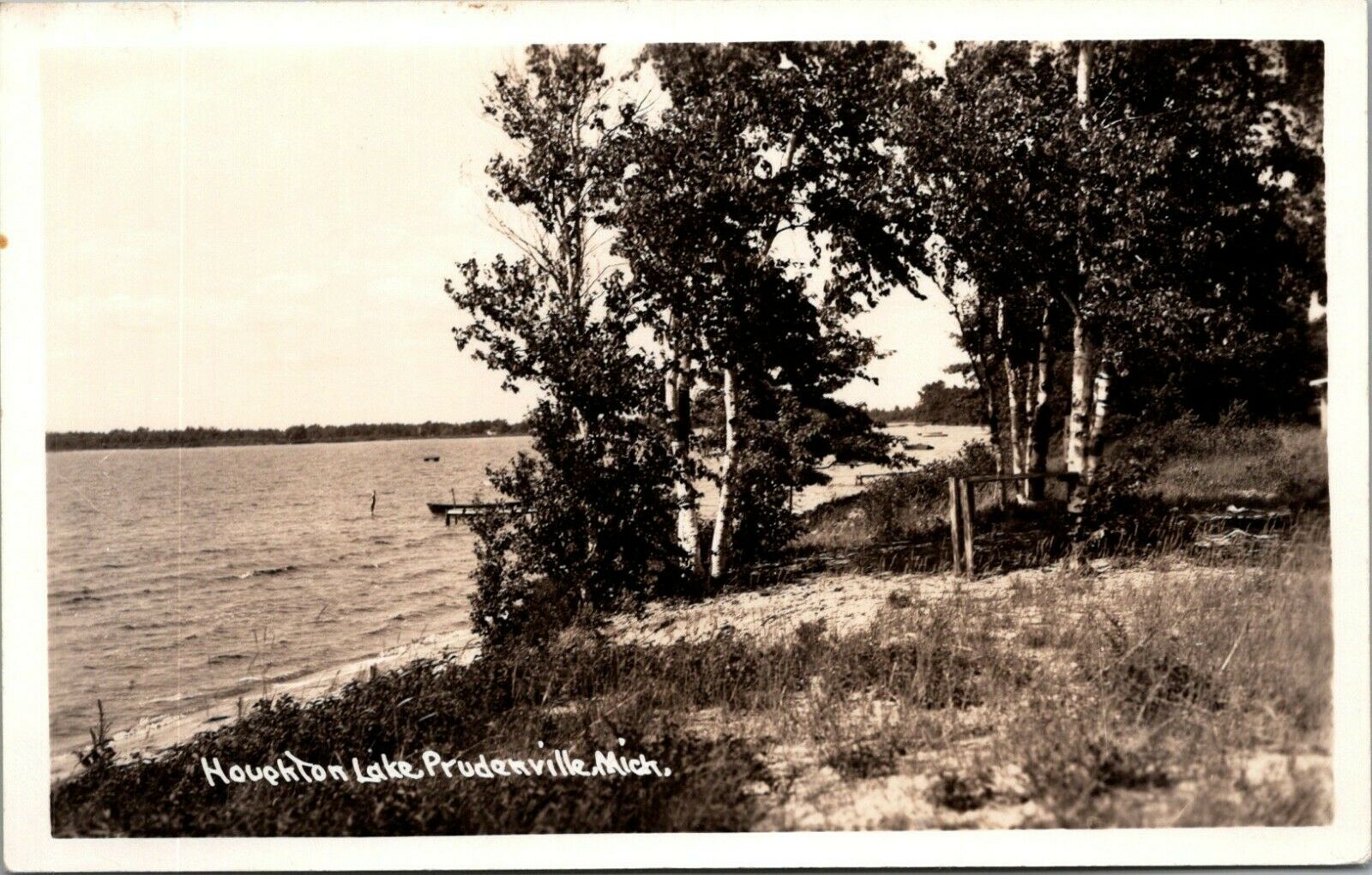 Prudenville MichiganHoughton Lake Boat DockBirch Trees in Sand1930s