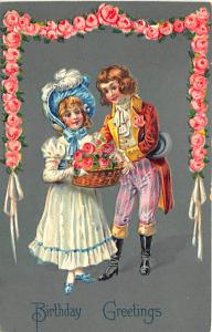 Boy and Girl Basket of Flowers Birthday Greetings  Embossed 1913 Postcard