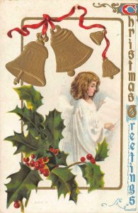 CHRISTMAS GREETINGS Angel Bells Holly Leaves 1909 Embossed Vintage Postcard