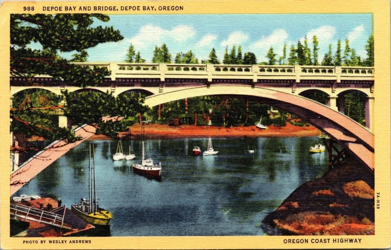 Depoe Bay Bridge Oregon Boat Linen Peaceful Bay Narrow Deep Sea Fishing Postcard 