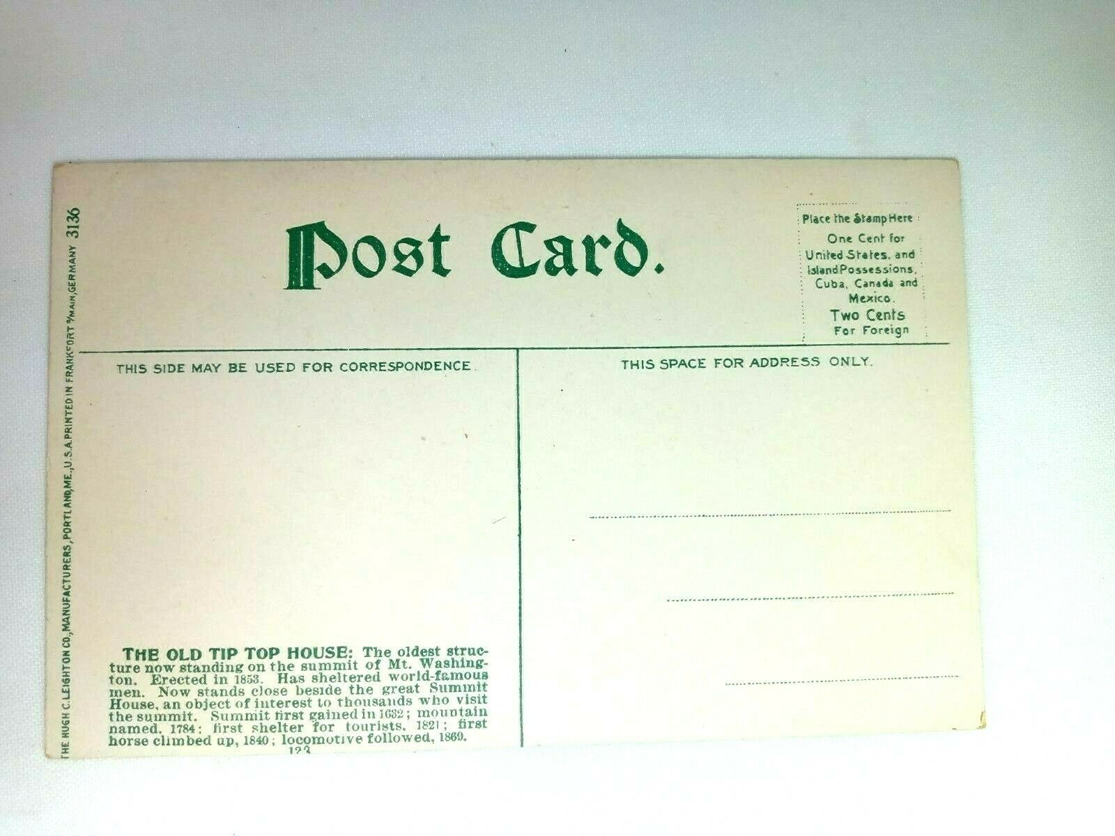 Vintage Postcard Tip Top House Mt. Washington Oldest Structure on the