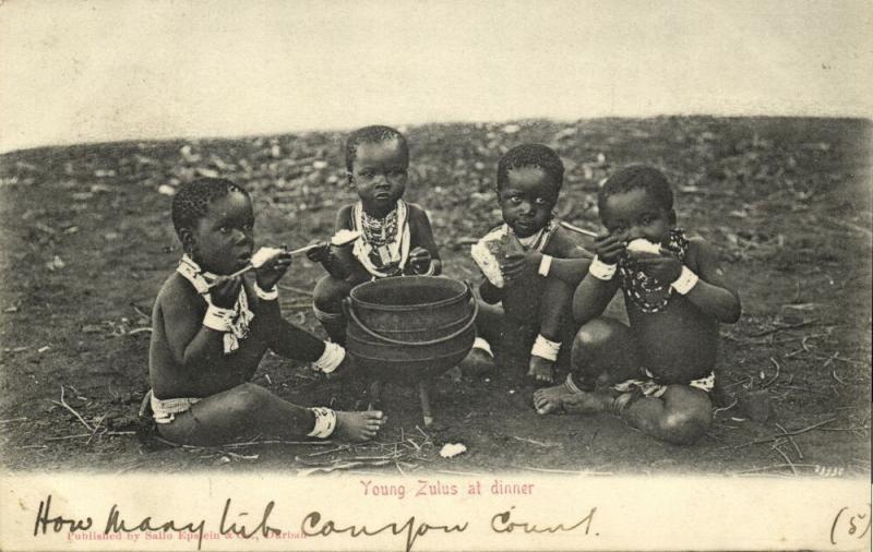 south africa, Young Zulus at Dinner (1904) Sallo Epstein & Co. Postcard