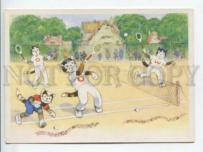 438688 Cats playing tennis applique Vintage postcard