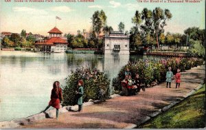 Walk Around the Lake Scene in Westlake Park, Los Angeles CA Vintage Postcard I49