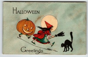 Vintage Halloween Postcard Black Cat Goblin Flying Witch Pink Of Perfection PA
