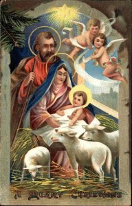 Christmas Joseph and Mary with Sheep and Baby Jesus Vintage Postcard