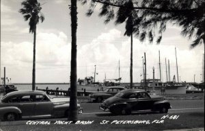 St. Petersburg FL Central Yacht Basin Cars c1940s Real Photo Postcard