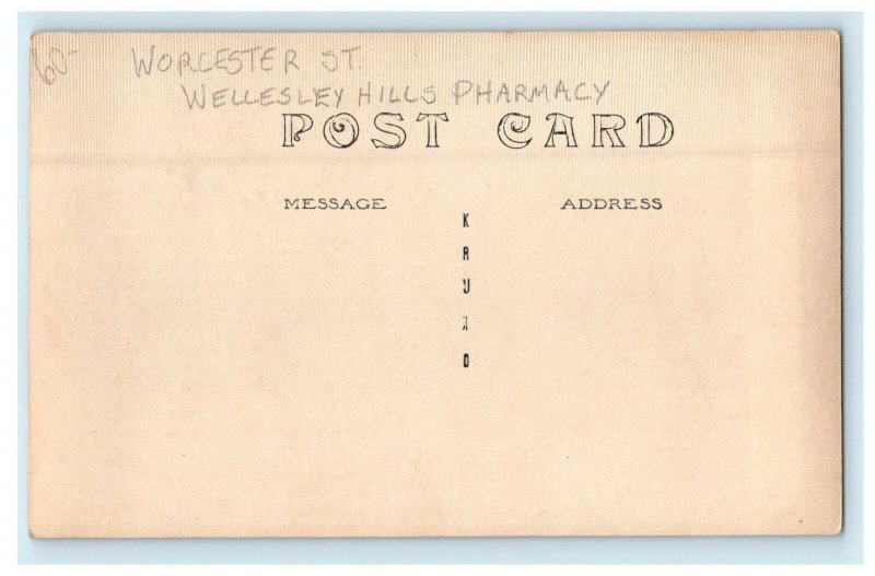 1912 Worcester St. Wellesley Hills Pharmacy Massachusetts MA RPPC Photo Postcard 