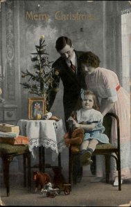 Christmas Parents & Little Girl Vintage Toys Horse Teddy Bear c1910 Gel Postcard