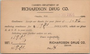 Omaha Nebraska Richardson Drug Co 1901 to Jacoby Pleasant Green KS Postcard V20