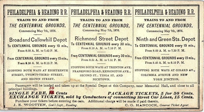 1876 Philadelphia & Reading RR World's Fair Station Price Routes Trade Card P136