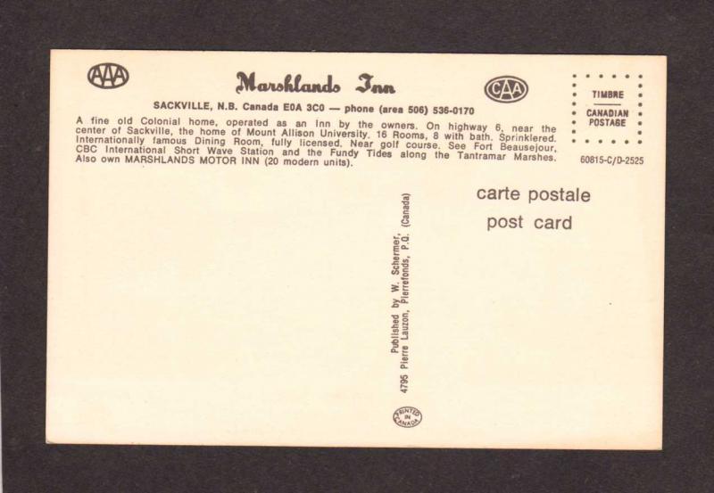 NB Marshlands Inn Hotel Sackville New Brunswick Canada Carte Postale Postcard