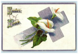1913 Greetings Easter Silver Cross And Calla Lily Flowers Antique Postcard 