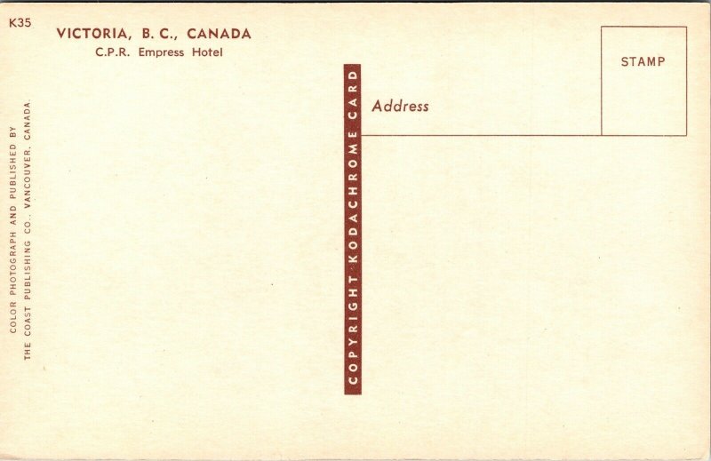 CPR Empress Hotel Vitoria BC British Columbia Canada Postcard VTG UNP Kodachrome 