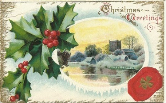 Vintage Postcard, Woodland Country Scene Christmas Greetings with Holly Berry