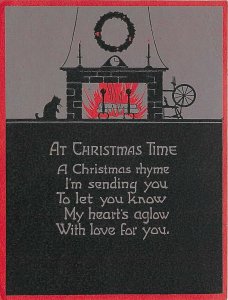 Buzza Silhouette Christmas Postcard; Cat at Hearth, My Heart's Aglow, Red Paper