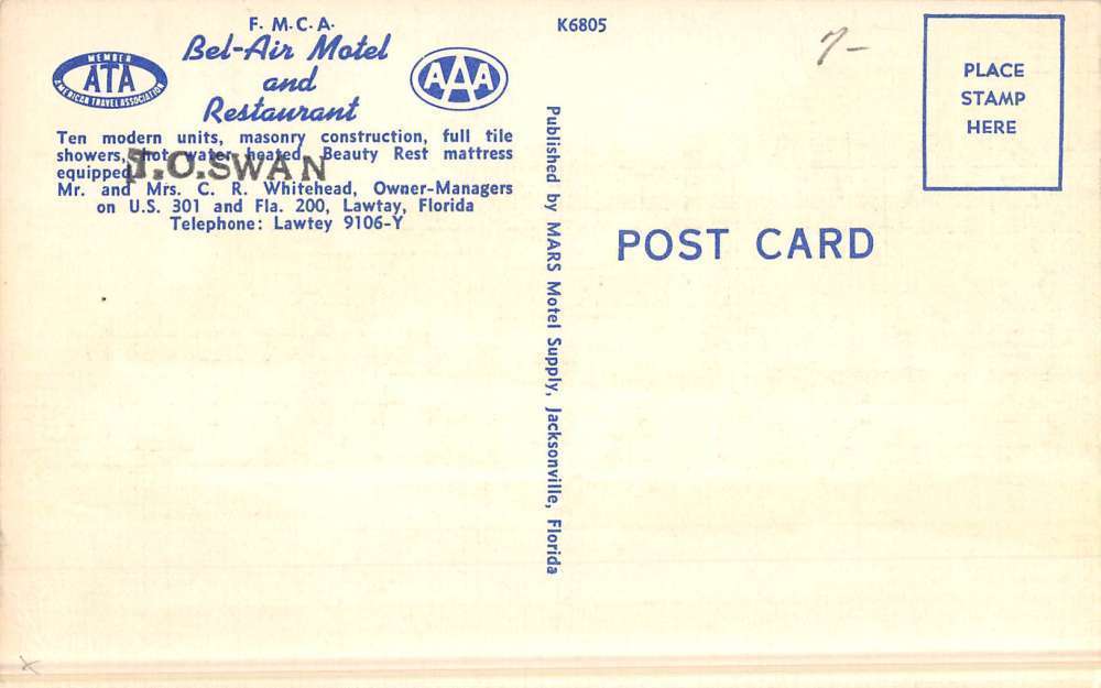 Lawtey Florida Bel Air Motel Street View Antique Postcard K52566