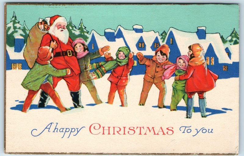 c1930s Santa Claus w/ Children Smile Happy Christmas to You Toy Bag PC A277