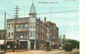 Aurora Illinois C-1905 Postcard Hotel Bishop Trolley Lindstrom undivided 901