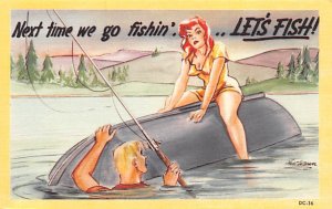 Man and Woman with an Upside Down Boat Comic Fishing Unused 