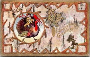 Postcard Thanksgiving Greetings - Colonist riding turkey 1908