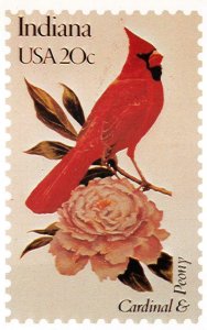 CARDINAL & PEONY BIRD & FLOWER INDIANA STAMP ANDREWS CACHET POSTCARD (1982)