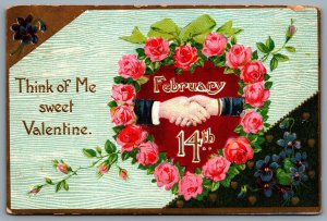 Postcard c1910 Think of Me Sweet Valentine Shaking Hands in Rose Heart