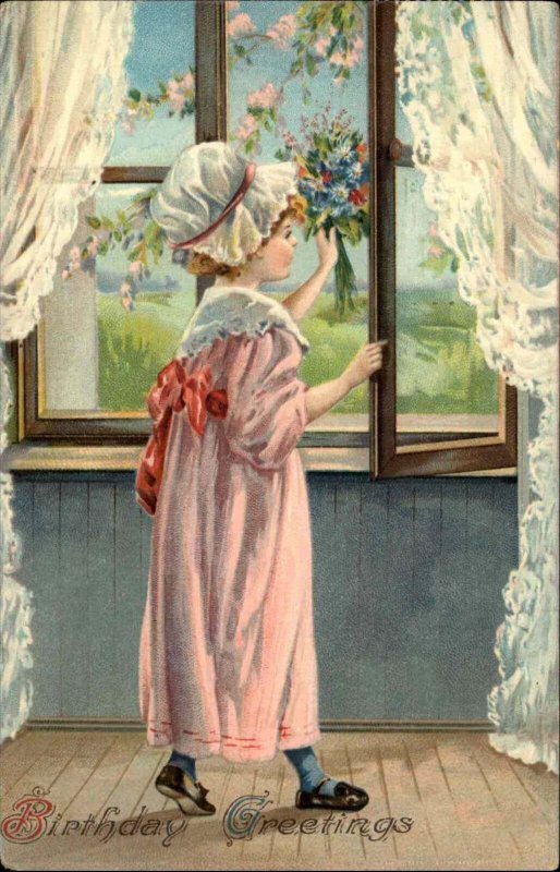 Birthday Cute Little Girl in Bonnet with Flowers c1910 Vintage