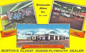 Boston MA Westminster Motors Dodge Plymouth Dealership​ Linen Postcard