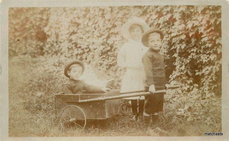 1912 Children Pull Wagon RRPC Real Photo postcard 1625