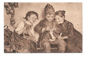 M Wunsch Artist Aller Anfang ist Schwer Children Knitting Sepia Art Postcard