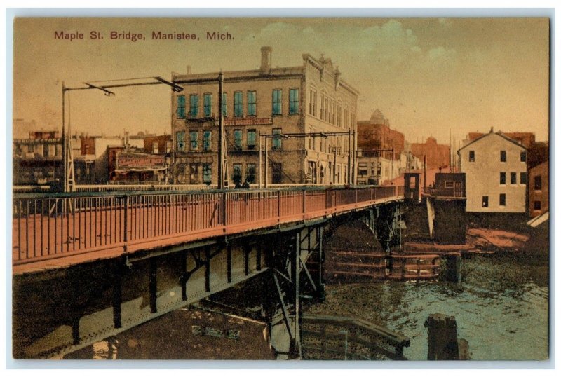 c1950's Maple Street Bridge River Lake Building Manistee Michigan MI Postcard