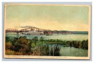 Vintage 1930's Pre Linen Postcard Santa Fe Bridge Mississippi Fort Madison Iowa