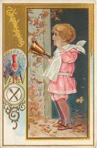 Thanksgiving Ser. 11 Postcard Child Rings Dinner Bell, Gold Details, Unposted