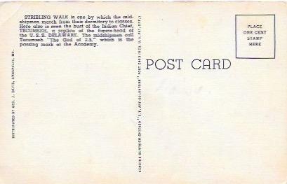 Unused penny post card. Tecumseh Monument, US Naval Academy, Annapolis, Maryland