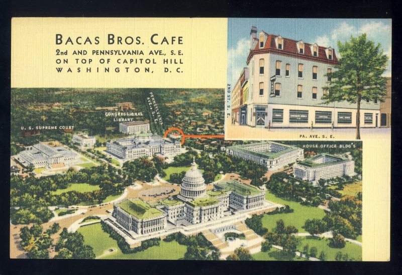 Washington, DC Postcard, Bacas Bros Cafe, View Of Capitol/Supreme Court/Library